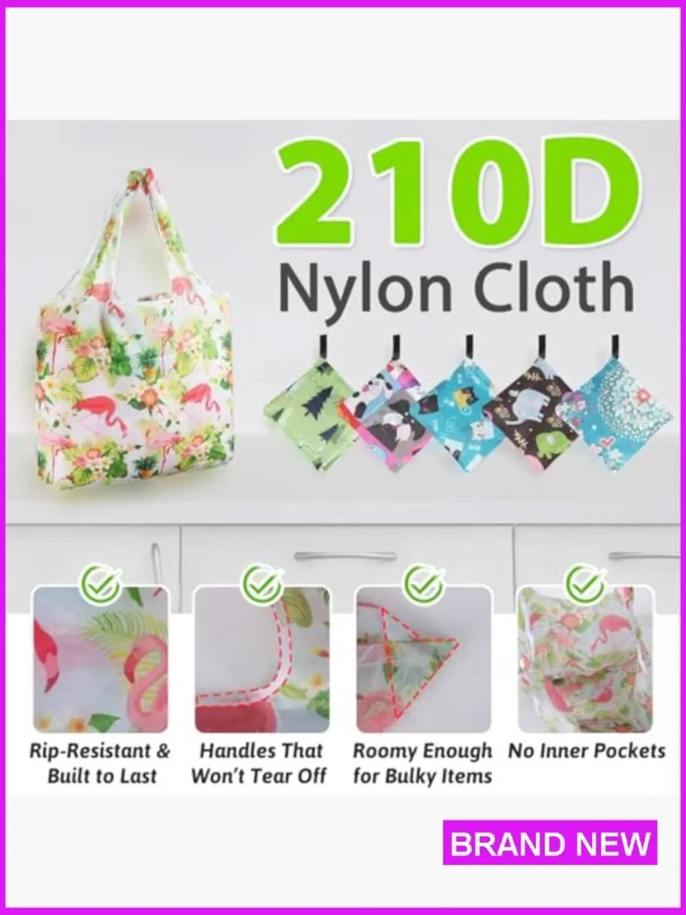 Foldable Reusable Grocery Totes 6 Pack Nylon Shopping Bags Machine Washable